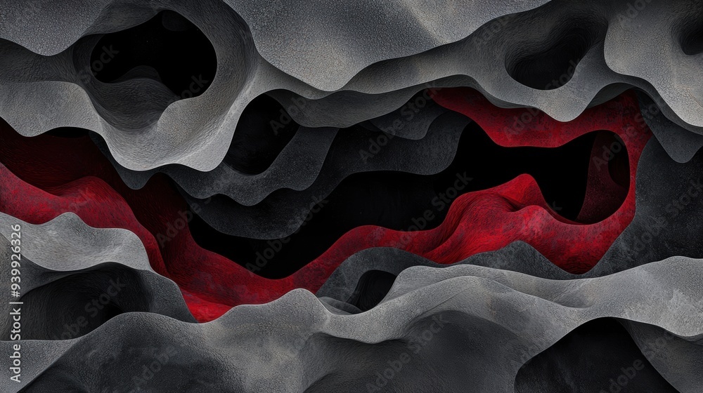 Fototapeta premium Dramatic abstract landscape with dark mountains and red valleys