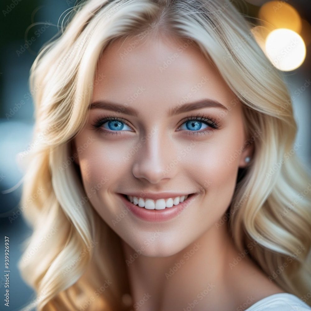 Portrait of a smiling beautiful young blonde girl or woman with straight flowing hair, blue eyes, long eyelashes and white teeth. Anamorphic bokeh. Friendliness, charm, joy and happiness. Generated AI