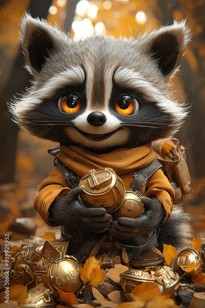 Cute Raccoon Holding Treasure in Autumn Forest Cute Raccoon Holding Treasure in Autumn Forest
