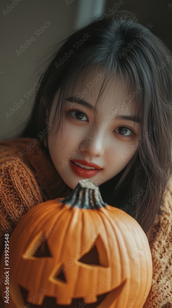 Close-up smiling Korean woman with Halloween pumpkin. Cozy Halloween concept. Vertical photo