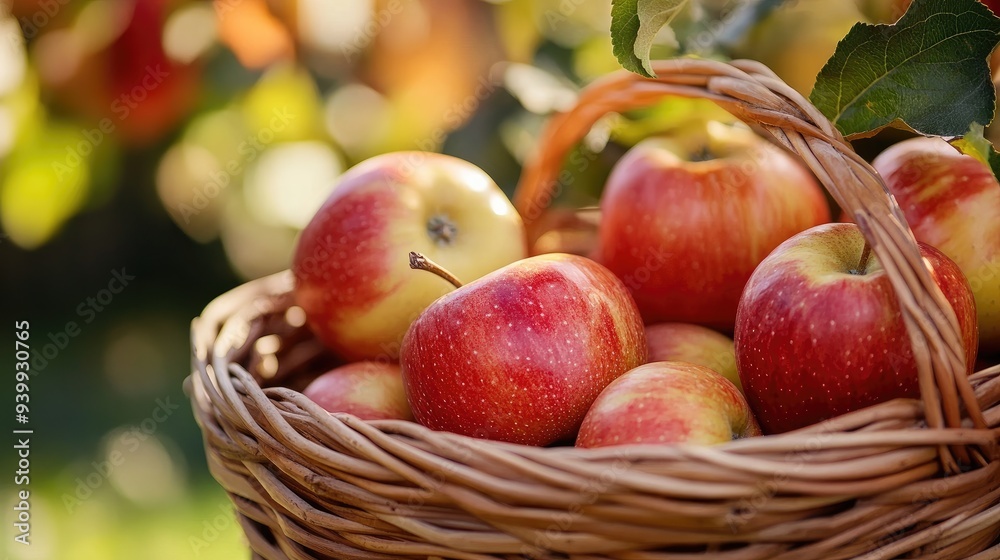 Freshly picked organic apples in a wicker basket, symbolizing farm-to-table freshness and health Freshly picked organic apples in a wicker basket, symbolizing farm-to-table freshness and health