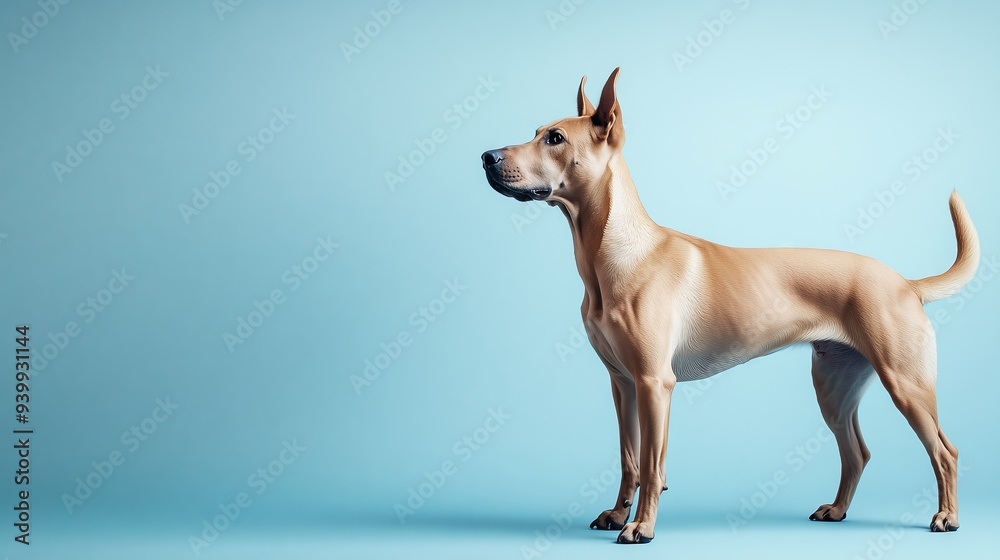 A Thai Ridgeback stands proudly in a sleek studio, showcasing its unique coat against a blue backdrop. A Thai Ridgeback stands proudly in a sleek studio, showcasing its unique coat against a blue backdrop.