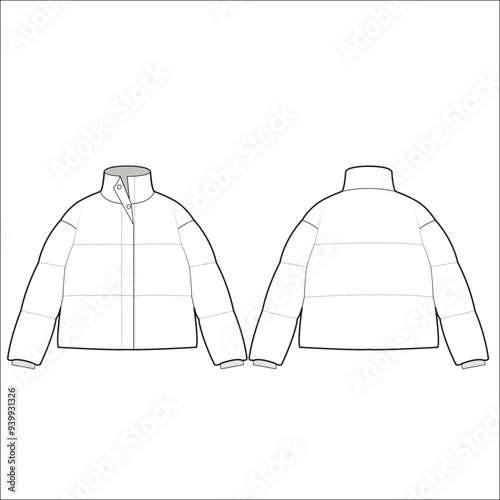 Padded puffer down jacket. Oversized winter quilting coat. Vector technical sketch. Mockup template.
