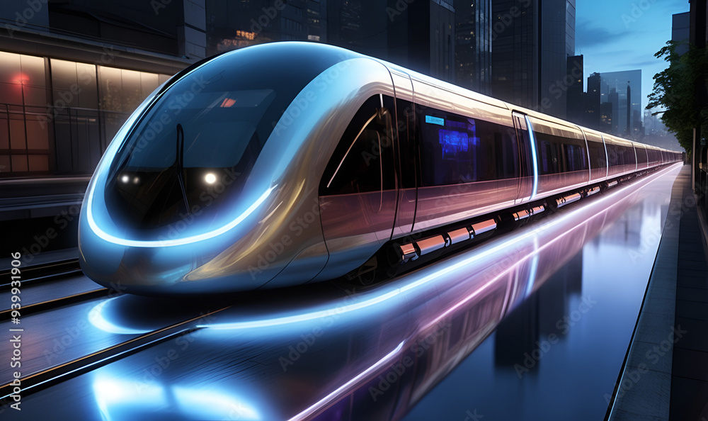 Sleek futuristic train racing through a high-tech urban night Sleek futuristic train racing through a high-tech urban night
