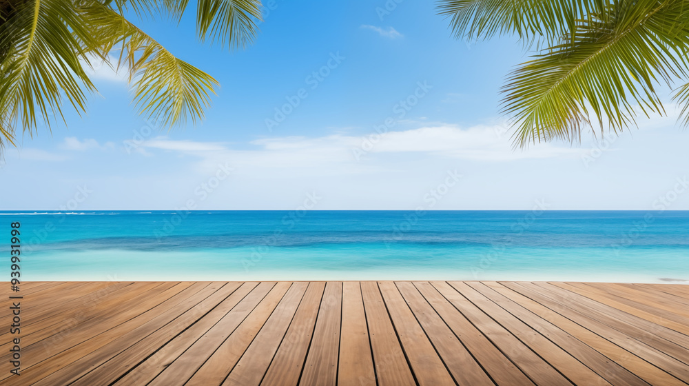 Scenic Tropical Beach with Palm Leaves Wooden Deck Overlooking Turquoise Ocean Scenic Tropical Beach with Palm Leaves Wooden Deck Overlooking Turquoise Ocean