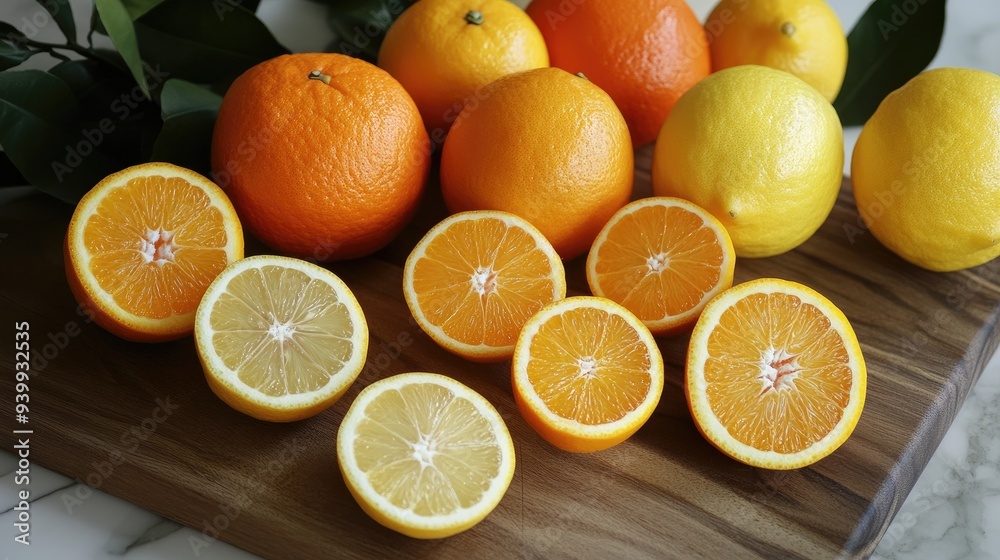 Freshly picked organic oranges and lemons, arranged on a wooden cutting board, ready to be enjoyed Freshly picked organic oranges and lemons, arranged on a wooden cutting board, ready to be enjoyed