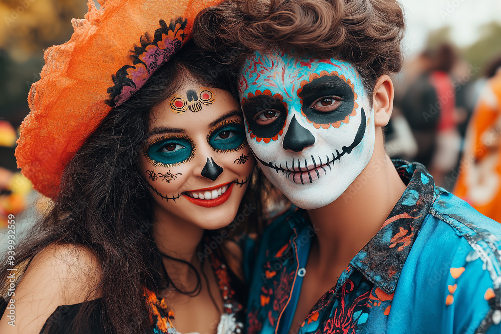 teen couple at Halloween party with Halloween makeup and scary Halloween costume, generative AI