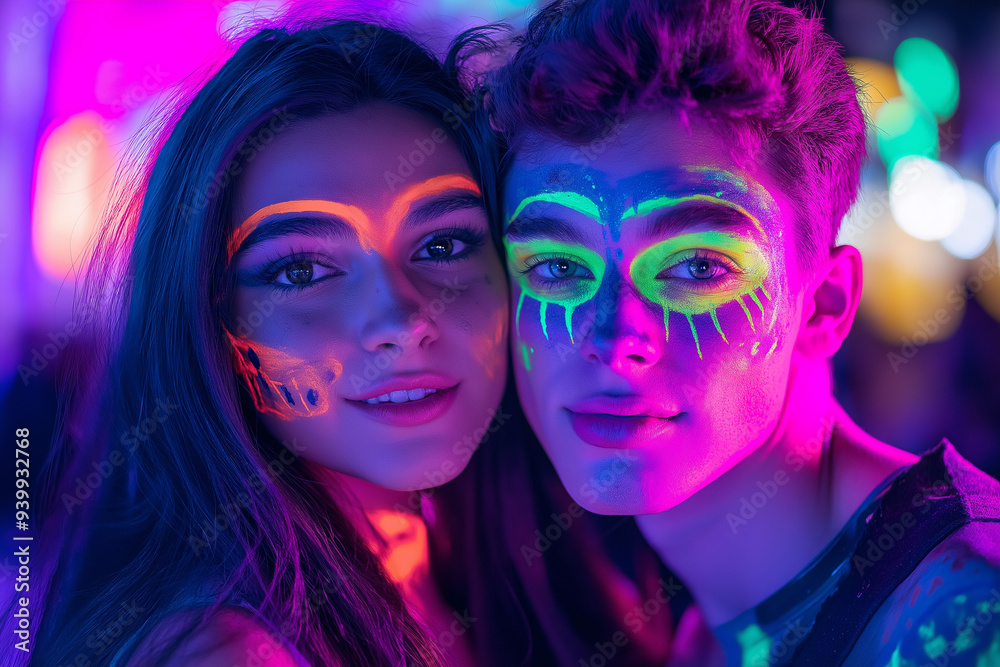 Obraz premium teen couple at Halloween party with Halloween makeup and scary Halloween costume, generative AI