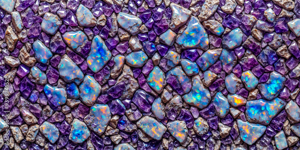 Australian precious Iridescent opal stone and violet quartz crystals, close up or macro, wallpaper for web background Australian precious Iridescent opal stone and violet quartz crystals, close up or macro, wallpaper for web background