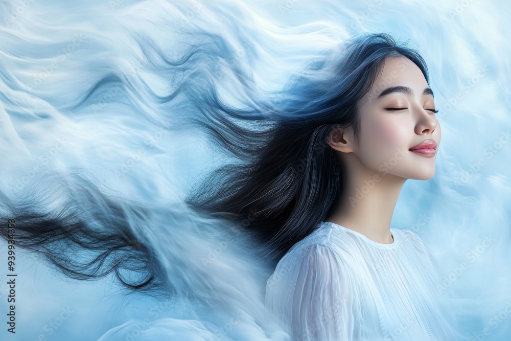 Profile of a Woman with Flowing Hair Symbolizing the Serenity of Thought Emotional Balance and the Radiant Energy of a Peaceful Mind in a Conceptual Context Profile of a Woman with Flowing Hair Symbolizing the Serenity of Thought Emotional Balance and the Radiant Energy of a Peaceful Mind in a Conceptual Context