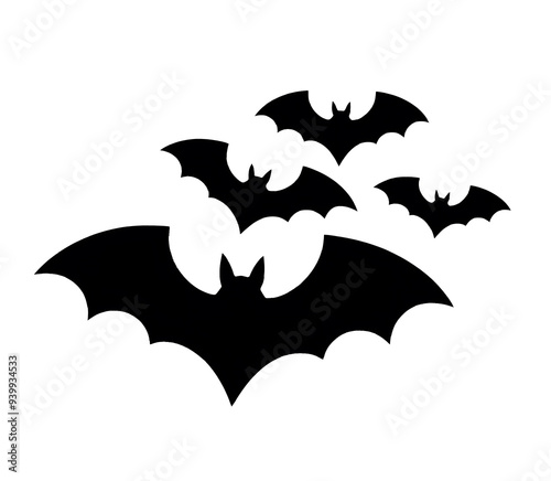 Minimalistic Illustration of Four Bats Flying in Formation Against a Transparent Background