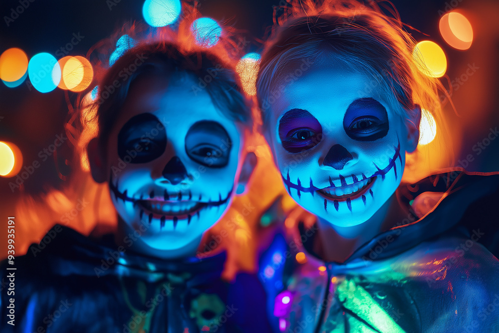 teen couple at Halloween party with Halloween makeup and scary Halloween costume, generative AI teen couple at Halloween party with Halloween makeup and scary Halloween costume, generative AI