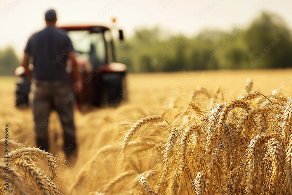 happy farmer in a cap in front of a wheat field and a tractor driving on it, wheat import, grain import, generative AI