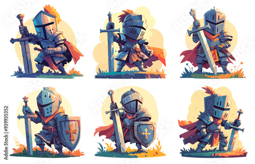 knight medieval cartoon. man in armor, character historical shield helmet sword warrior vector illustration