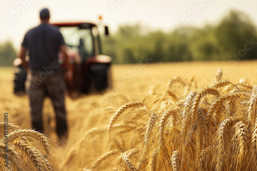 happy farmer in a cap in front of a wheat field and a tractor driving on it, wheat import, grain import, generative AI photo