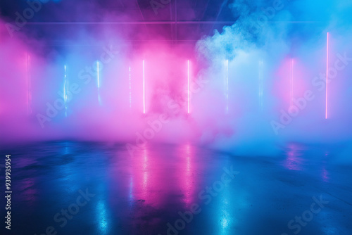 Wallpaper Mural event lights in empty room at party with disco smoke illuminated in pink and blue, party, wallpaper, generative AI Torontodigital.ca