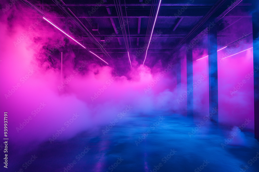 Obraz premium event lights in empty room at party with disco smoke illuminated in pink and blue, party, wallpaper, generative AI