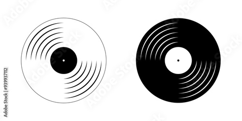White and black vinyl record icons. Gramophone LP or long play music discs. Song single symbol. DJ equipment for techno party or 70s 80s 90s discotheque. Vector graphic illustration.
