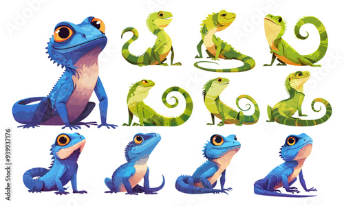 lizard cartoon. reptile character set, cute kind exotic animal green blue vector illustration