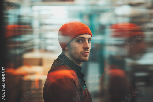 warehouse worker in a helmet in front of other warehouse workers in a warehouse, generative AI