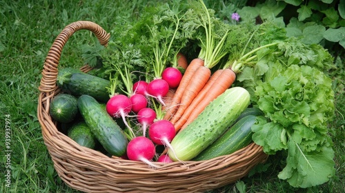 A basket filled with organic vegetables, including radishes, cucumbers, and carrots, freshly harvested
