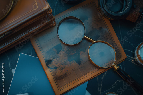Vintage Magnifying Glass on World Map with Camera Lens