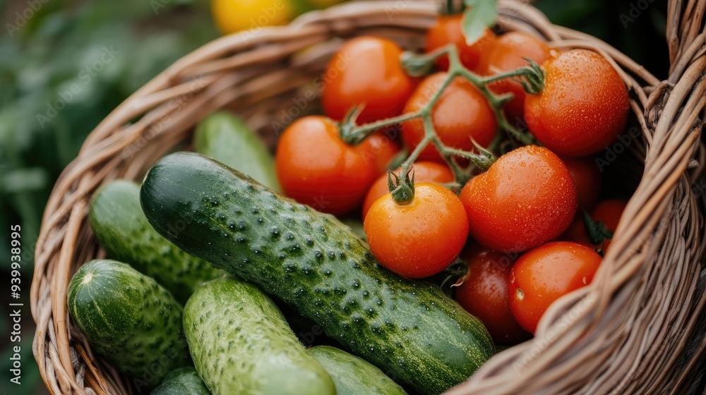 Close-up of organic cucumbers and tomatoes in a basket, symbolizing farm-to-table freshness Close-up of organic cucumbers and tomatoes in a basket, symbolizing farm-to-table freshness