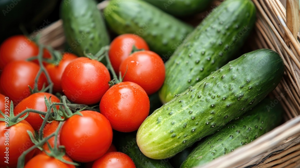Close-up of organic cucumbers and tomatoes in a basket, symbolizing farm-to-table freshness Close-up of organic cucumbers and tomatoes in a basket, symbolizing farm-to-table freshness