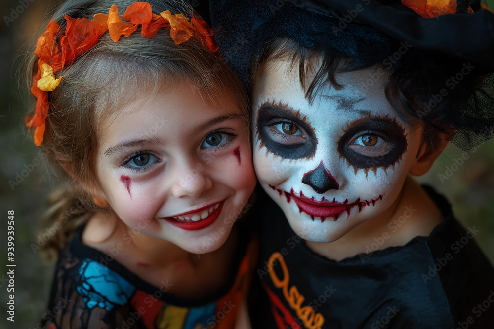 Fototapeta premium teen couple at Halloween party with Halloween makeup and scary Halloween costume, trick or treat, generative AI