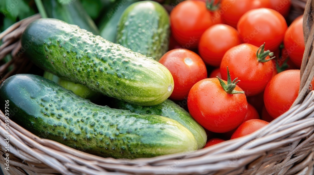 Close-up of organic cucumbers and tomatoes in a basket, emphasizing freshness and health Close-up of organic cucumbers and tomatoes in a basket, emphasizing freshness and health