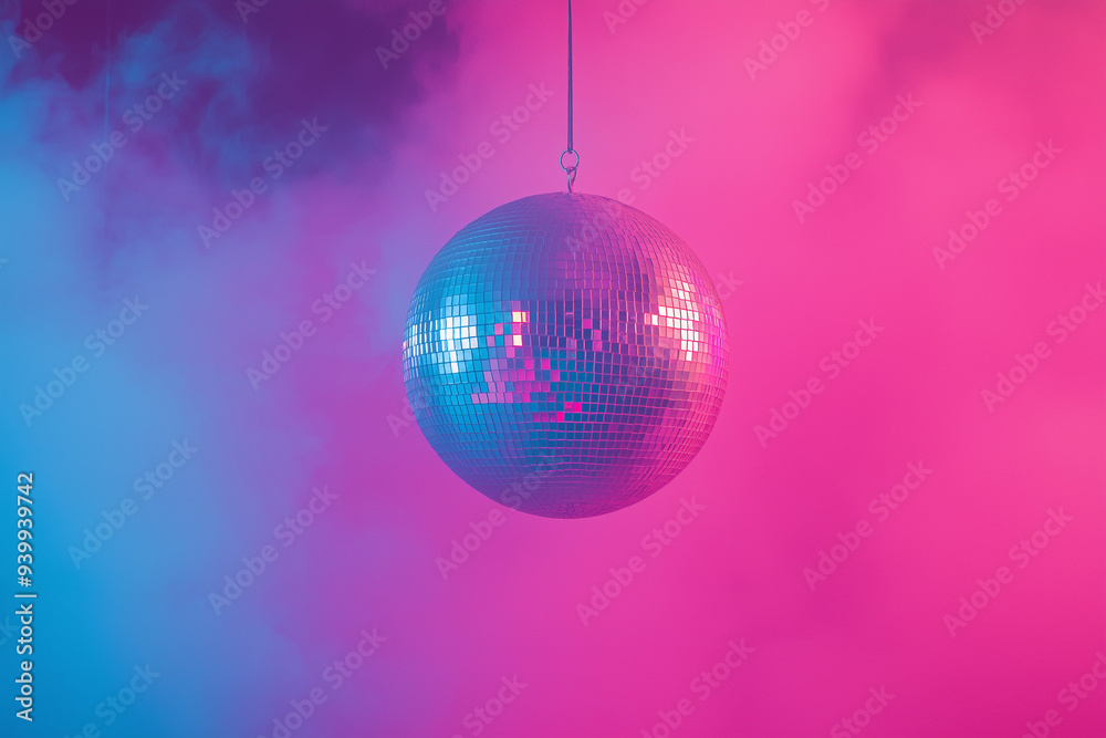 Fototapeta premium silver disco ball reflecting pink and blue light against a background of disco smoke illuminated by pink and blue light, generative AI