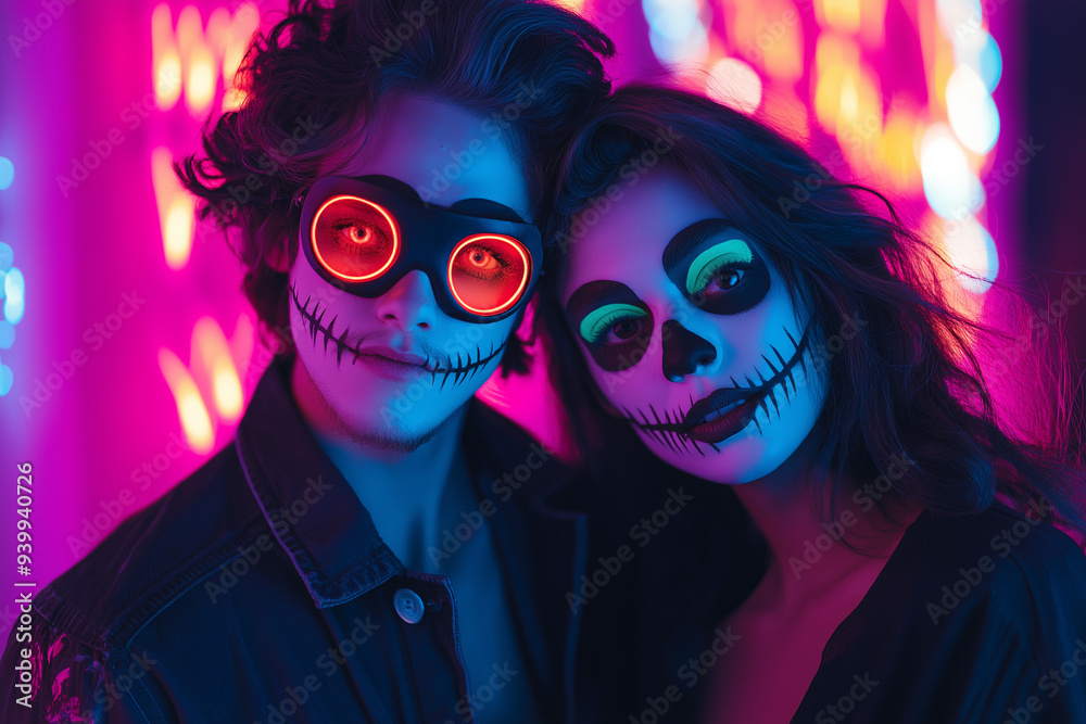 Obraz premium teen couple at Halloween party with Halloween makeup and scary Halloween costume, generative AI