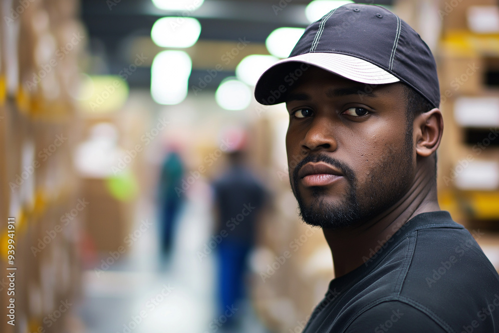 warehouse worker in a helmet in front of other warehouse workers in a warehouse, generative AI warehouse worker in a helmet in front of other warehouse workers in a warehouse, generative AI