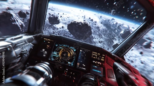 Spaceship Cockpit View of a Distant Planet