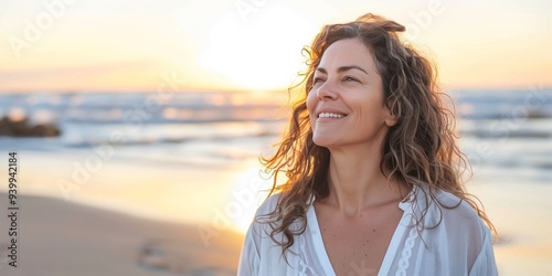Happy 40 year old woman on the beach smiling with serenity
