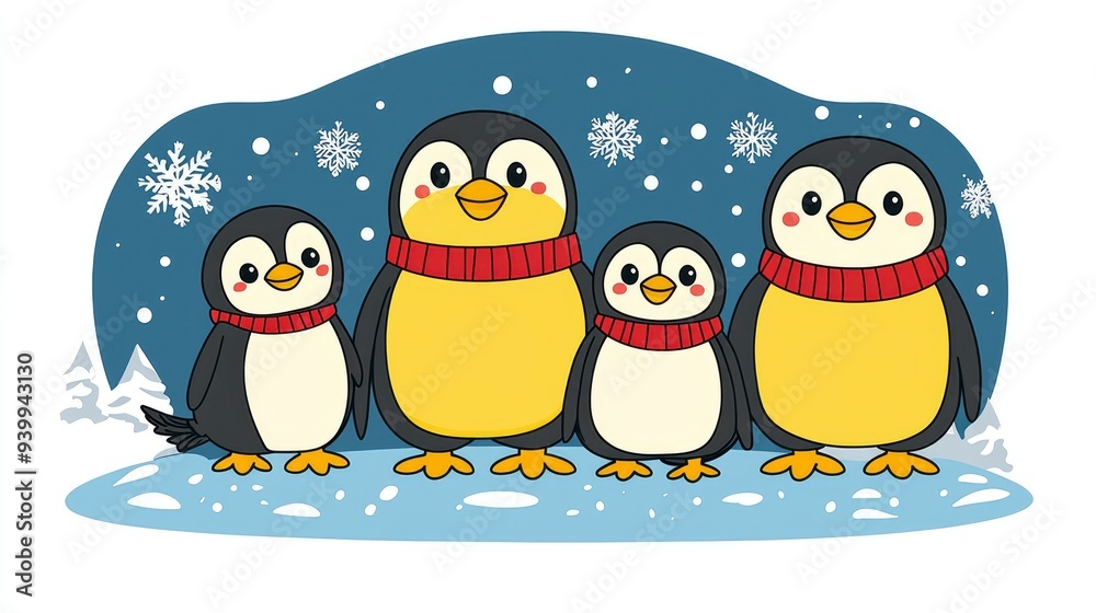 Fototapeta premium Cute Penguin Family Standing Together In Winter