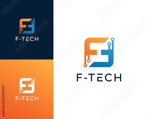 F Tech logo. Letter F with technology element logo design illustration.