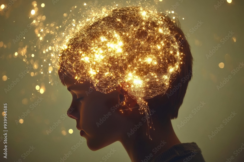 A glowing brain surrounded by a field of golden particles symbolizing intellectual brilliance the spark of ideas and the radiant energy of creativity in a modern conceptual art style A glowing brain surrounded by a field of golden particles symbolizing intellectual brilliance the spark of ideas and the radiant energy of creativity in a modern conceptual art style