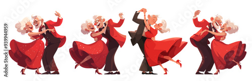 old people dancing. loving elderly couple in dance, grandfather grandmother pensioners party red dress suit bow tie tuxedo outfit happiness love waltz vector illustration cartoon