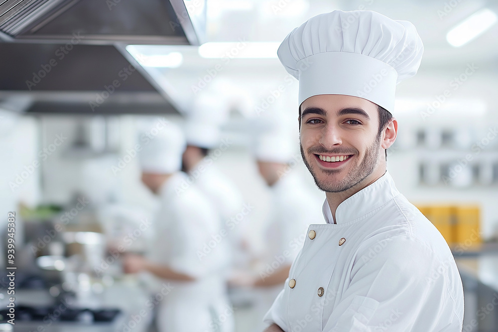 a chef wearing a chef's hat in the kitchen in front of other chefs cooking, generative AI a chef wearing a chef's hat in the kitchen in front of other chefs cooking, generative AI