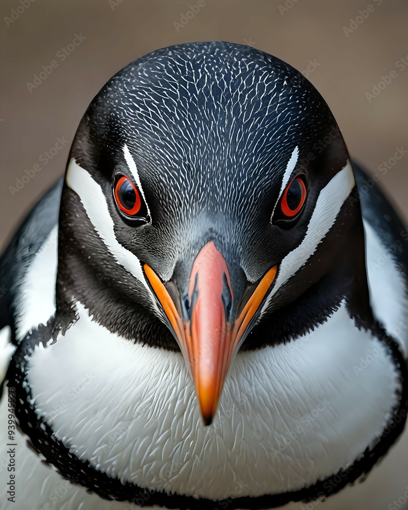 Naklejka premium Close-up portrait of a guillemot with red eyes and an orange beak.