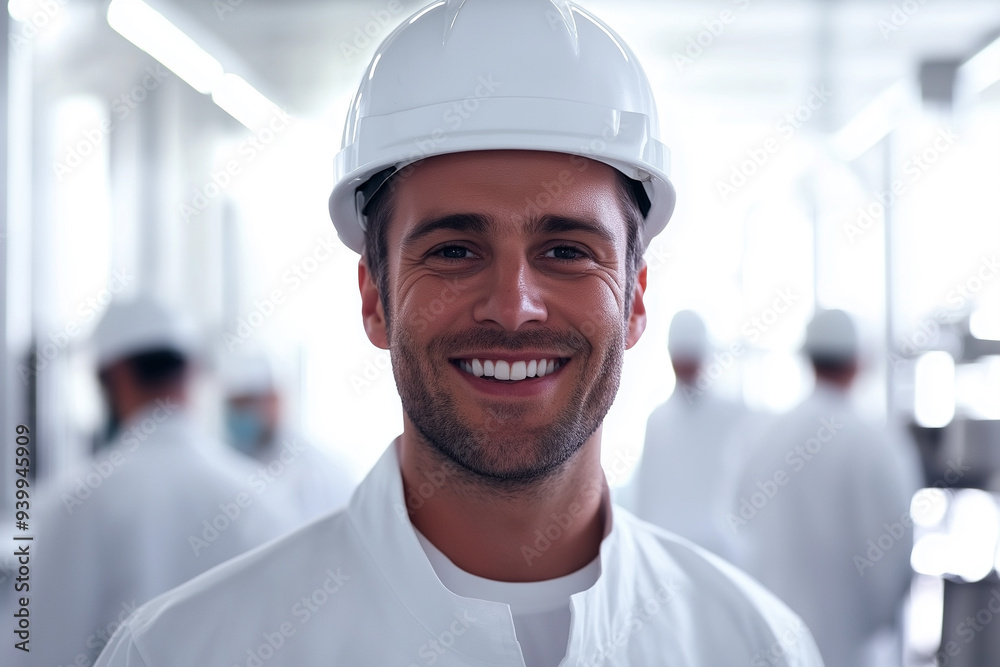 worker in a helmet against the background of other workers worker in a helmet against the background of other workers