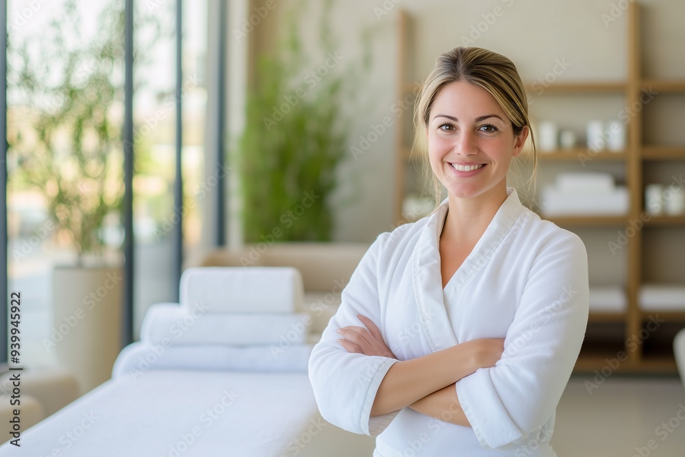 A woman is standing in front of her massage table, smiling with crossed arms and wearing white bathrobe , spa, massage, clinic and cosmetology service, beauty poster, banner, copy space