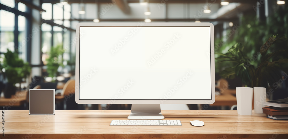 Blank Desktop Monitor in Stylish Office Setting Modern Workspace Mockup