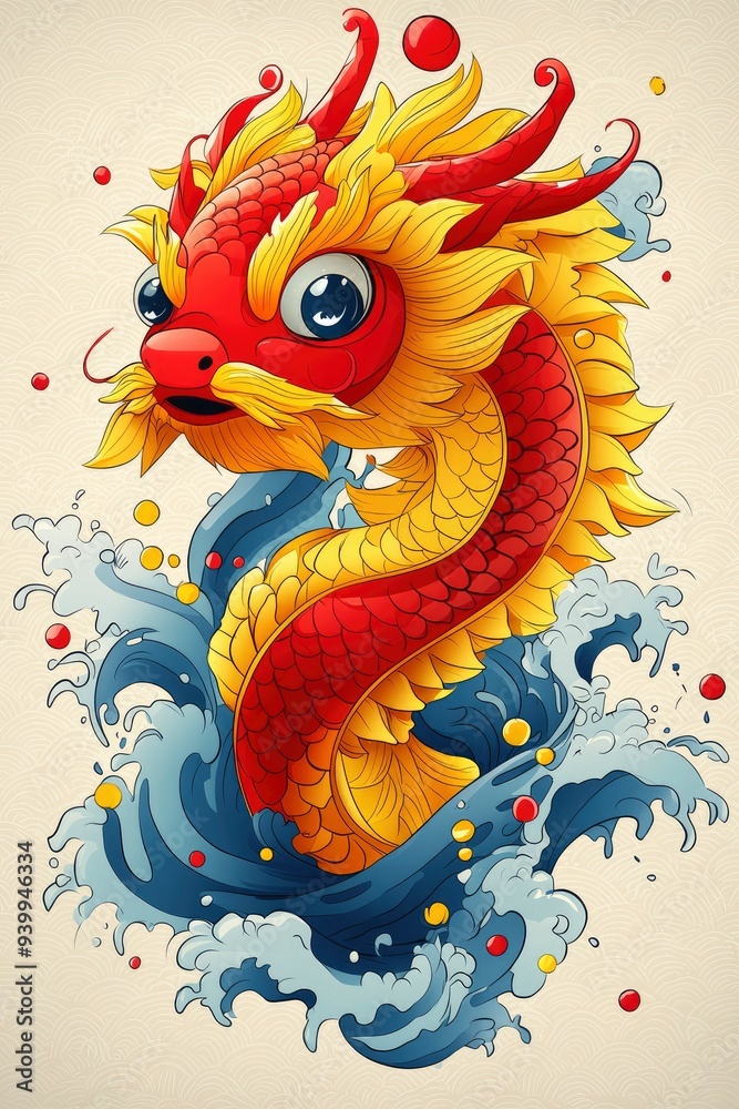 Chinese Dragon with Waves - Asian Mythology Illustration Chinese Dragon with Waves - Asian Mythology Illustration
