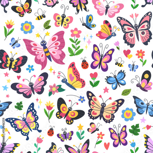 Flying cute butterflies children seamless pattern. Colorful butterflies on a white background. Vector illustration.