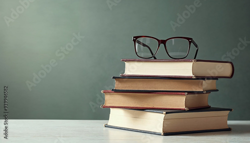 Neatly stacked books with glasses on top, clean table surface, adding a scholarly touch, ideal for literature or education content.