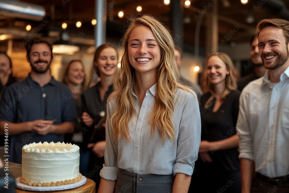 Obraz premium A young woman holding a birthday cake surrounded by friends and family symbolizing celebration happiness and the joy of togetherness in a warm festive atmosphere