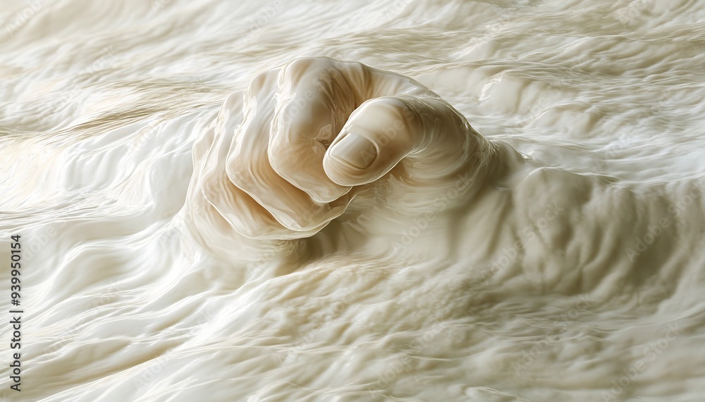 A hand submerged in creamy white liquid, with only the fist visible above the surface. A hand submerged in creamy white liquid, with only the fist visible above the surface.