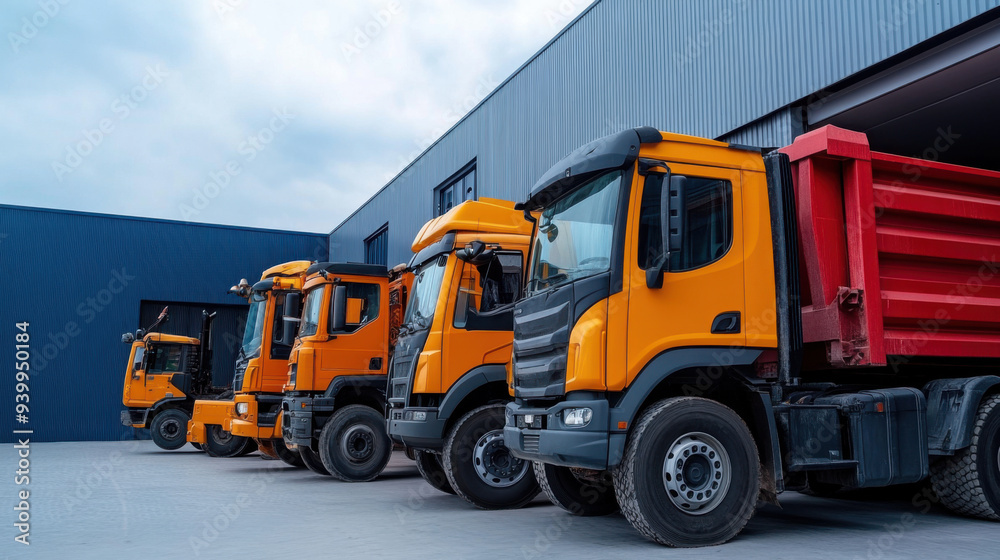 A row of orange dump trucks parked at an industrial site, showcasing heavy-duty construction vehicles ready for use. A row of orange dump trucks parked at an industrial site, showcasing heavy-duty construction vehicles ready for use.
